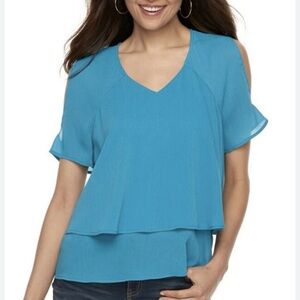 Juicy Couture Turquoise Cold-Shoulder V-Neck Layered Blouse
